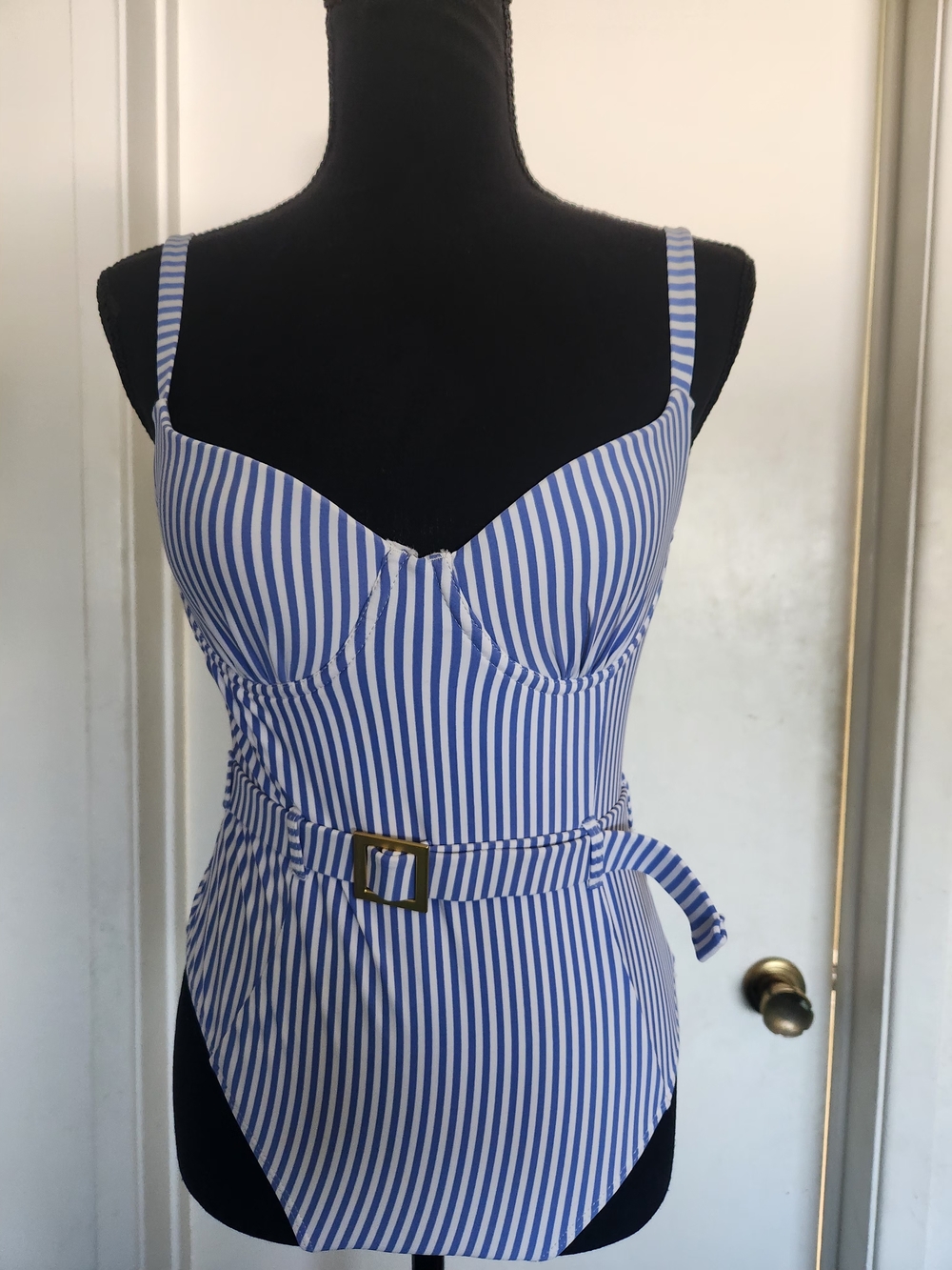 WeWoreWhat Blue White Striped Print Danielle Belted Swimsuit Size M